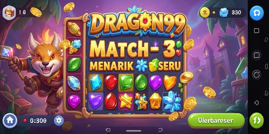 Screenshot utama DRAGON99 menunjukkan gameplay Match-3 yang seru.