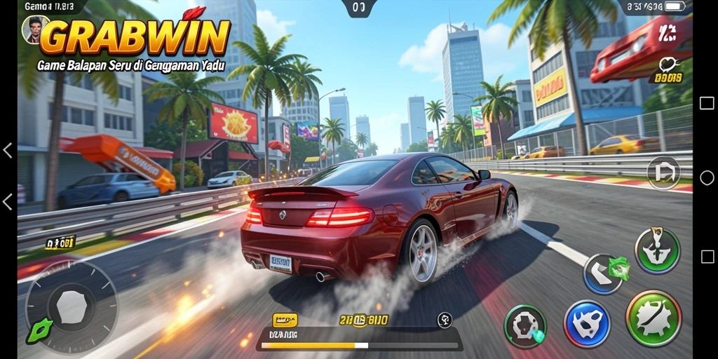 Screenshot gameplay GRABWIN yang menampilkan balapan mendebarkan.