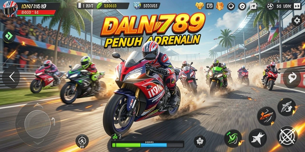 Tangkapan layar gameplay IDN789 dengan balapan motor yang seru dan menantang.