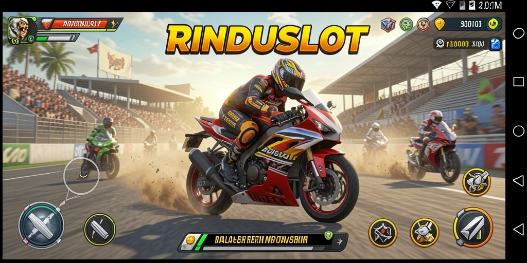 Screenshot gameplay RINDUSLOT menampilkan aksi balap motor yang mendebarkan.