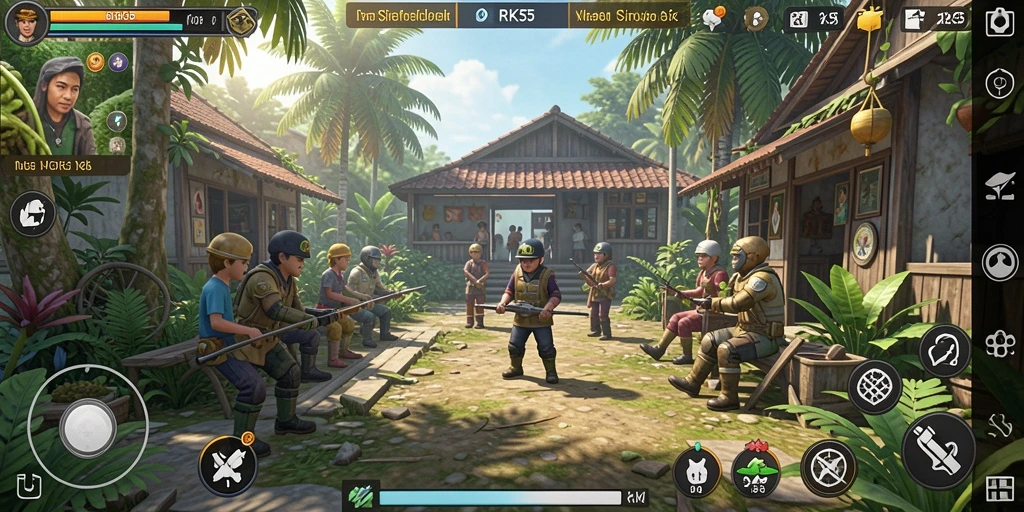 Screenshot gameplay RK55 menampilkan aksi interaktif karakter dalam kehidupan sehari-hari.