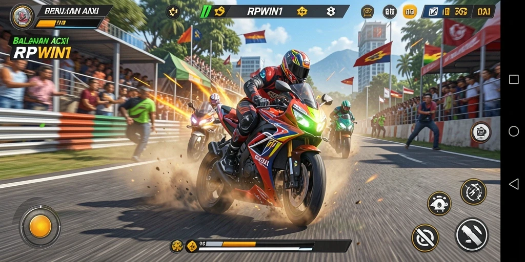 Screenshot RPWIN1 menampilkan aksi balapan motor yang mendebarkan dan realistis.
