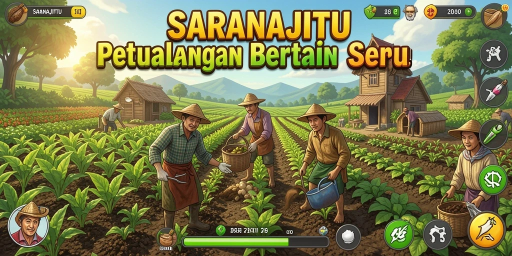 Screenshot SARANAJITU menampilkan gameplay seru bertani dan membangun ladang.